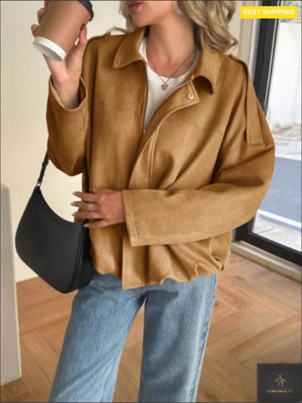 Oversized Cropped Faux Suede Bomber Jacket Zip Up Lapel Casual Coat - Picture 4 of 7